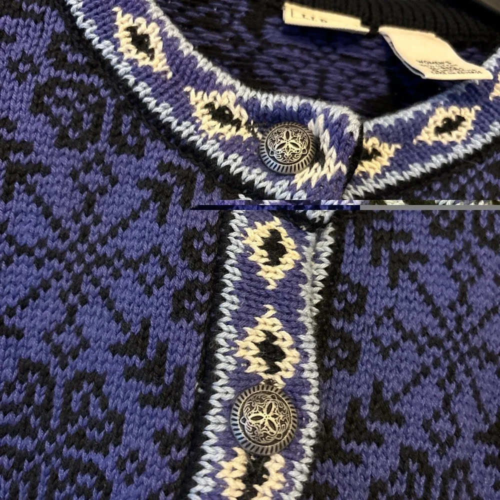 Vtg LL BEAN Sweater Womens XL Nordic Fair Isle Jacquard Cardigan Cotton Purple